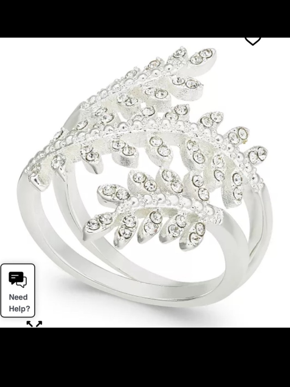 Charter Club Fine Silver Plate Crystal Leaf Wrap Ring. Size 8. New in box w/tag.